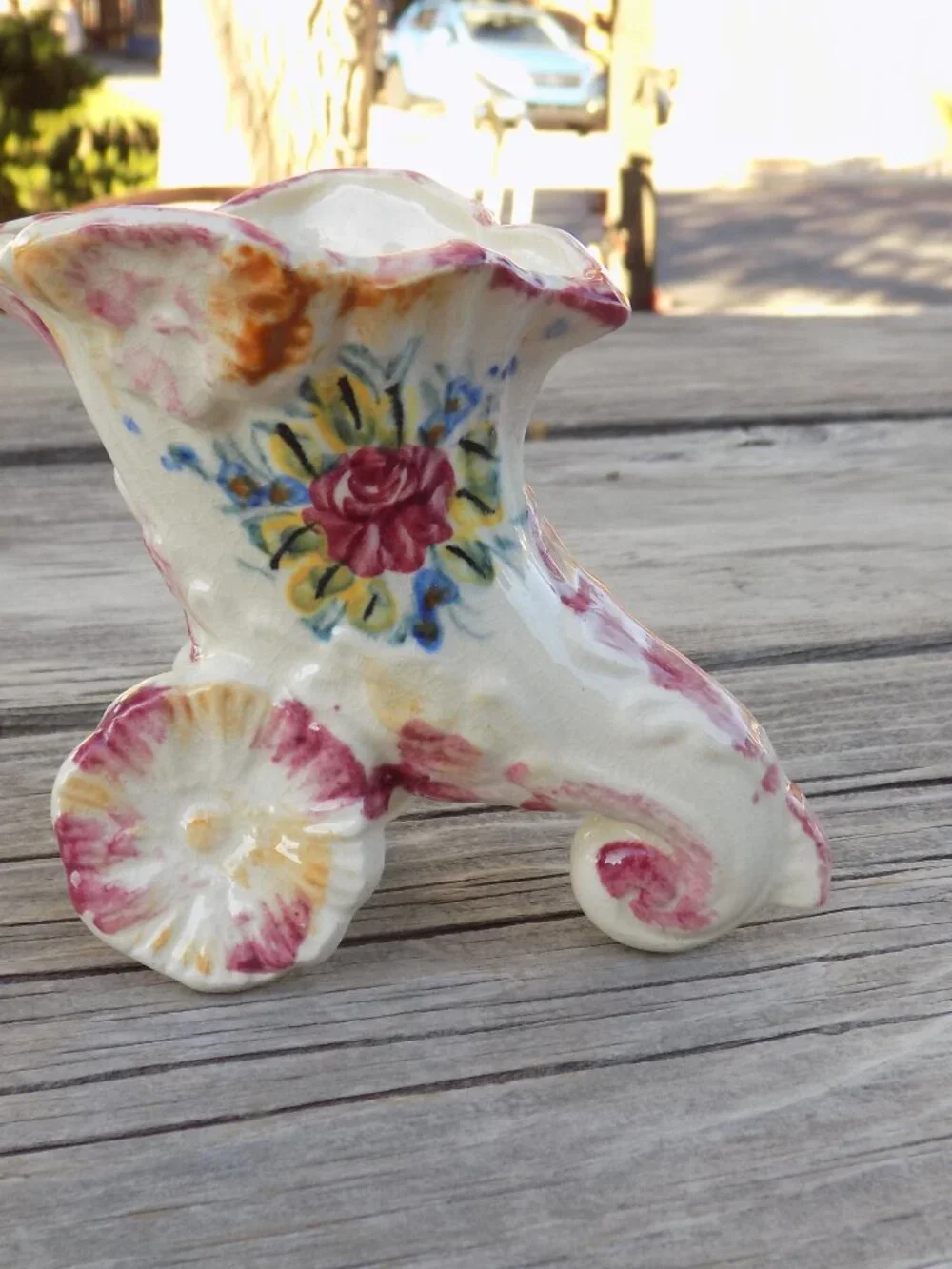 Cornucopia Thanksgiving Ceramic Vase Planter, Pink Flowers and White, Floral, *